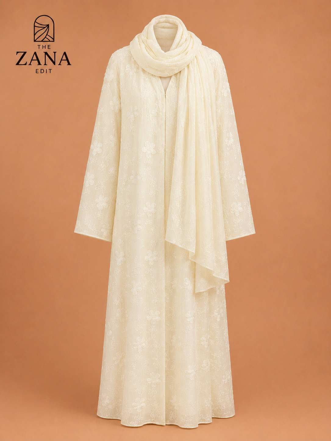 Ivory Floral Embroidered Soft Textured Abaya