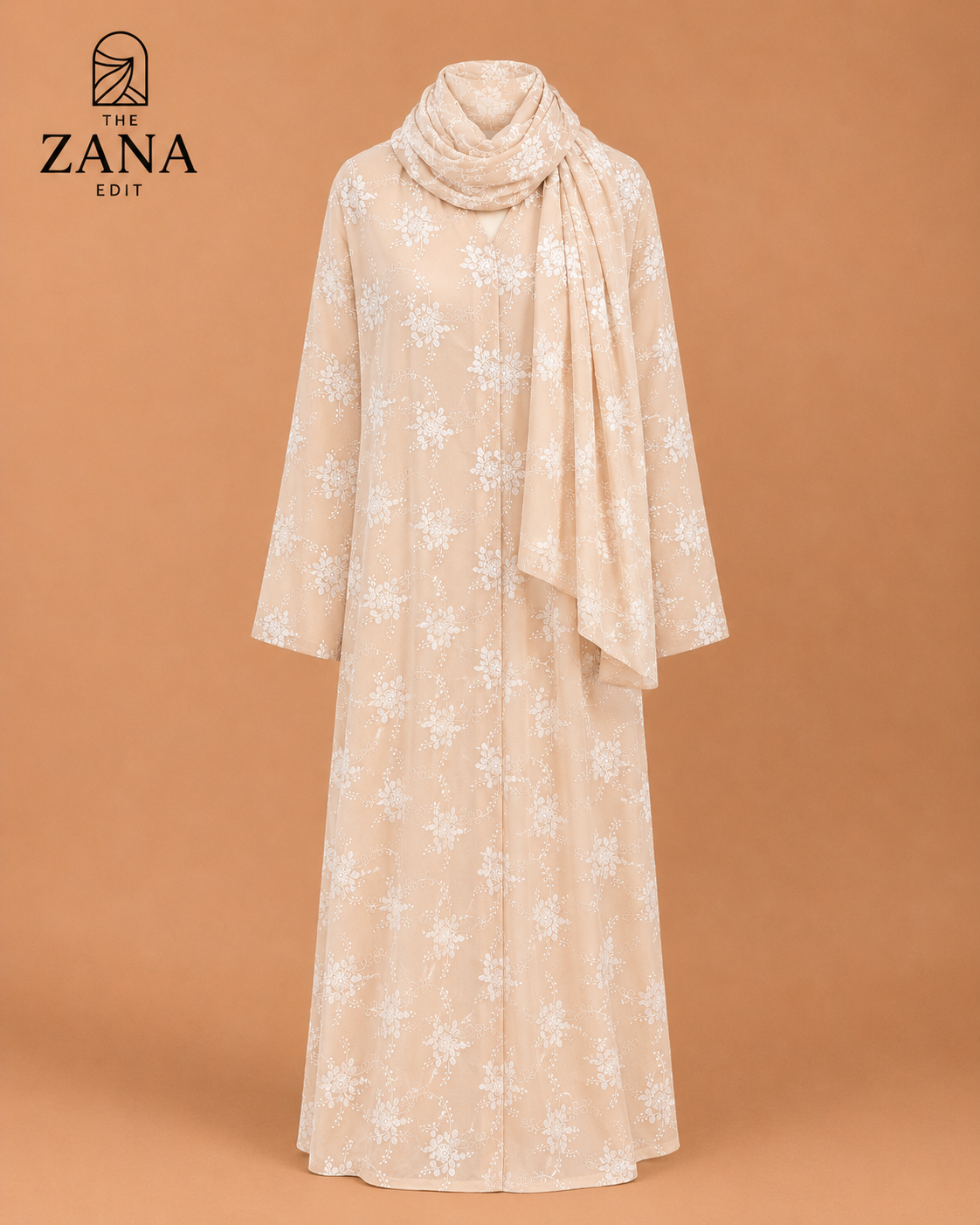 Soft Peach Floral Embroidered Abaya